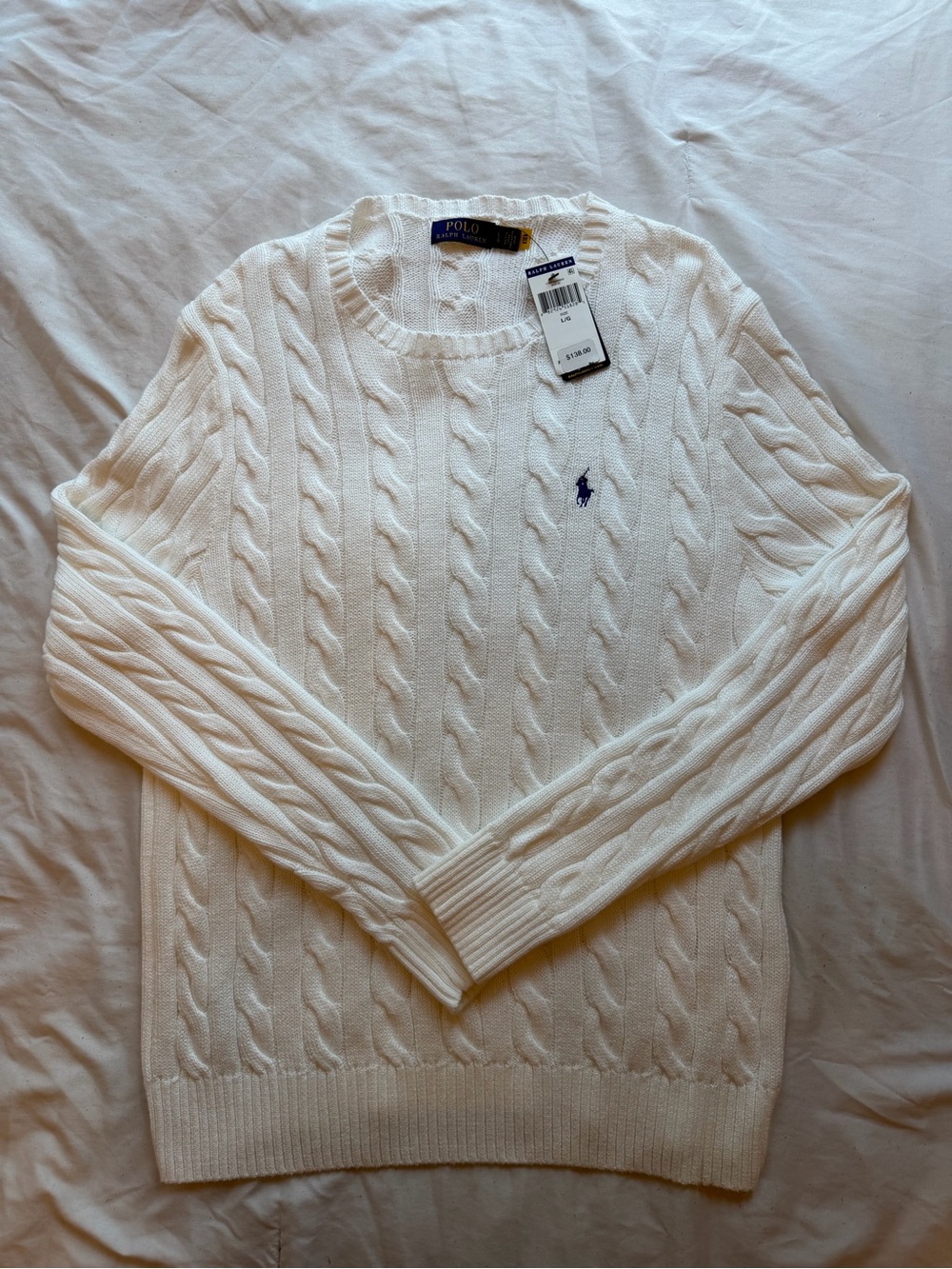 Polo by Ralph Lauren Men’s Cream Cable-Knit Crewneck Sweater with Navy Pony